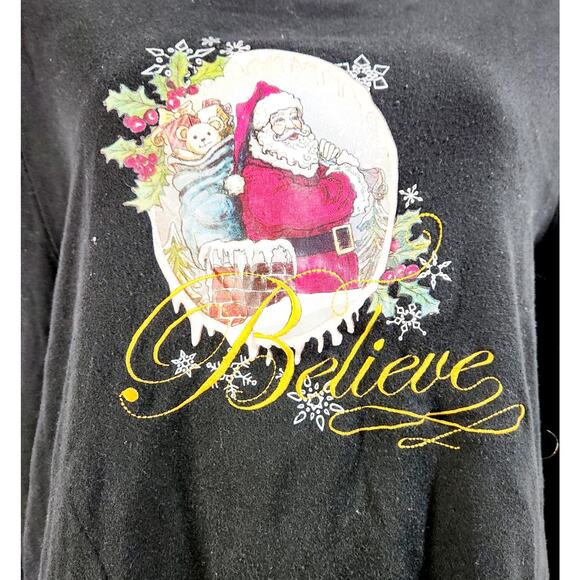 Black Red Gold Santa Print Believe Embroidered Top Large Lightweight Soft - Picture 3 of 5